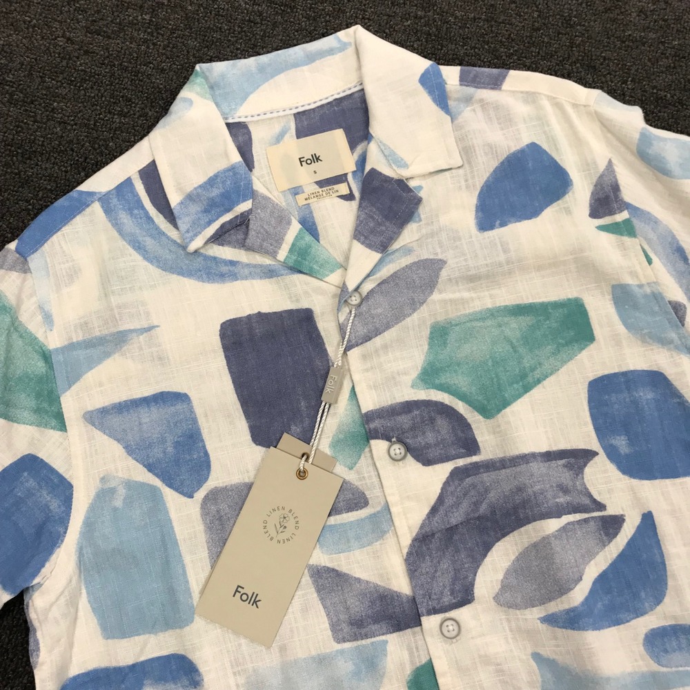 Folk Mens Linen Blend Abstract Print Short Sleeve Button Down Shirt Small NWT